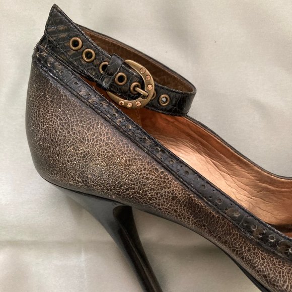 Carlos Santana Black Brass Ankle Strap Leather Peep Toe Pumps Size 6 - Picture 9 of 16